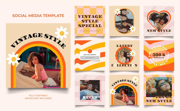 Vector promoción de venta de moda de banner de plantilla de redes sociales en color amarillo naranja vintage cartel de venta orgánica de rompecabezas de marco de publicación cuadrada completamente editable de instagram y facebook