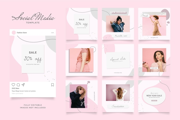 Promoción de venta de moda de blog de banner de plantilla de redes sociales. póster de venta orgánico de rompecabezas de marco cuadrado completamente editable. fondo rosa vector blanco