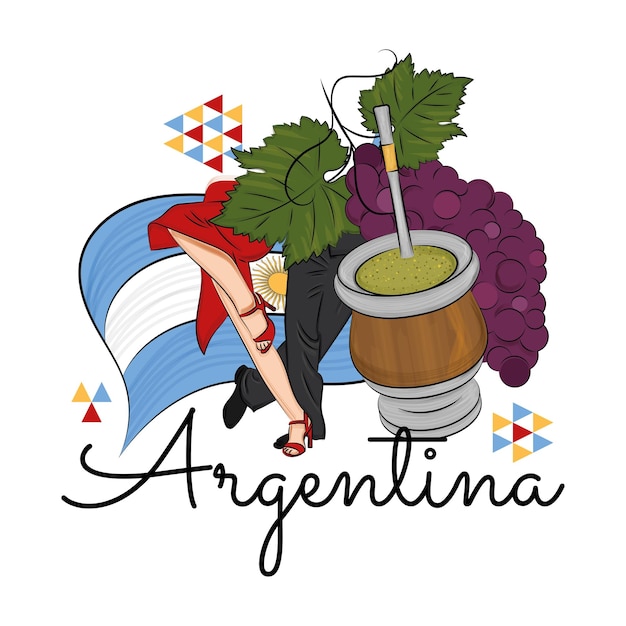 Vector promoción de viajes argentina coloreada con bailarines de tango y bebida mate vector