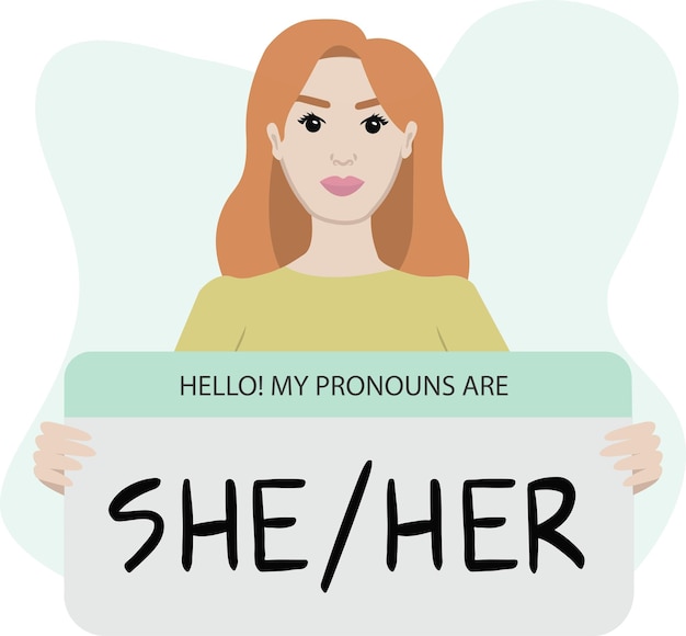 Pronombres de género. Persona femenina con cartel con pronombre. ilustración vectorial