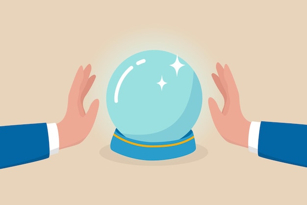 Pronóstico comercial, predicción del mercado de valores de inversión o superpoder para ver el futuro, adivino para ver el concepto de oportunidad, mano de hombre de negocios con poder mágico ver pronóstico en bola mágica de cristal