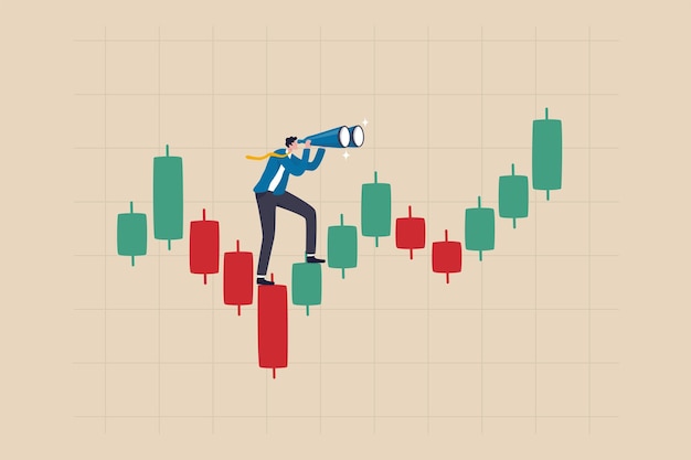 Pronóstico de inversión o visión de predicción para ver oportunidades de inversión ganancias futuras del concepto de comercio de acciones y criptografía empresario inversionista mira el catalejo en el gráfico de velas comerciales