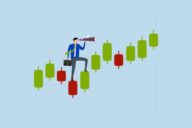 Pronóstico de inversiones Inversor de negocios observando el gráfico de velas comerciales a través de un espejo