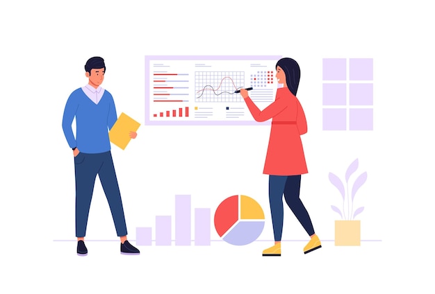 Pronóstico del mercado personas que analizan gráficos y diagramas de información Personajes que crean una estrategia de marketing empresarial Análisis financiero