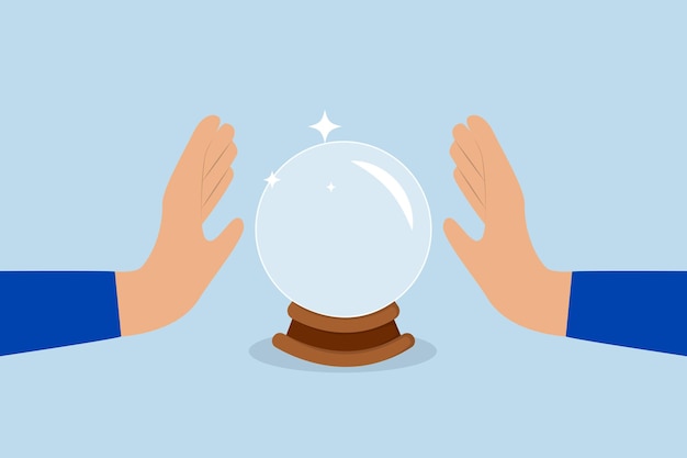 Pronóstico de negocios Una mano de empresario con habilidades místicas mira hacia una bola de cristal para predicciones futuras