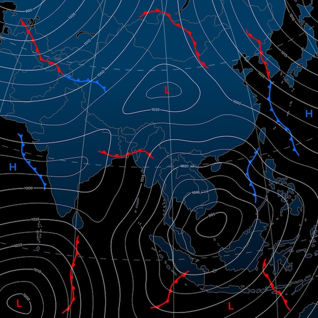 Pronóstico del tiempo isobar mapa nocturno de asia