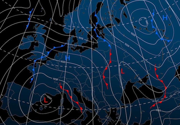 Vector pronóstico del tiempo isobar mapa nocturno de europa