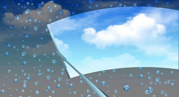 Vector pronóstico del tiempo. un limpiaparabrisas elimina las gotas de agua. cielo azul de fondo con nubes. copie el espacio. ilustración vectorial