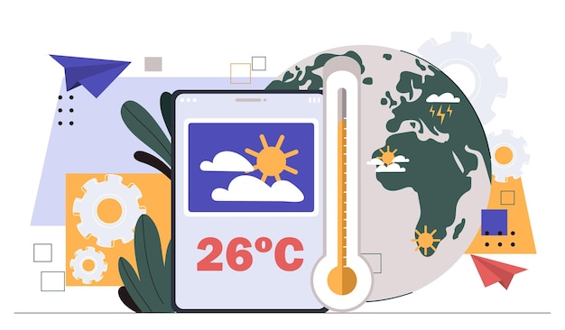 Vector pronóstico del tiempo en línea concepto temperatura y predicciones de lluvias en aplicaciones de mapas globales y