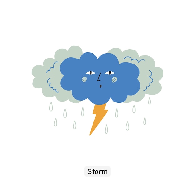 Vector pronóstico del tiempo de tormenta dibujado a mano cara linda