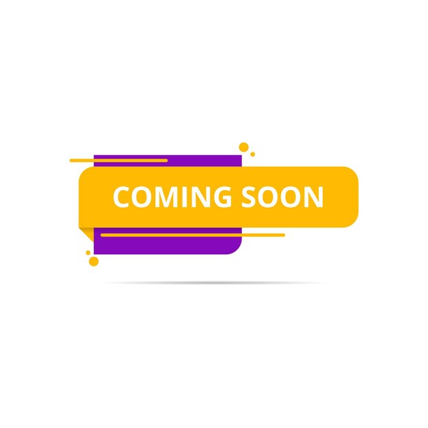 Pronto vendrá un vector de banner con formas abstractas en adhesivo púrpura y amarillo para sitio web o aplicación