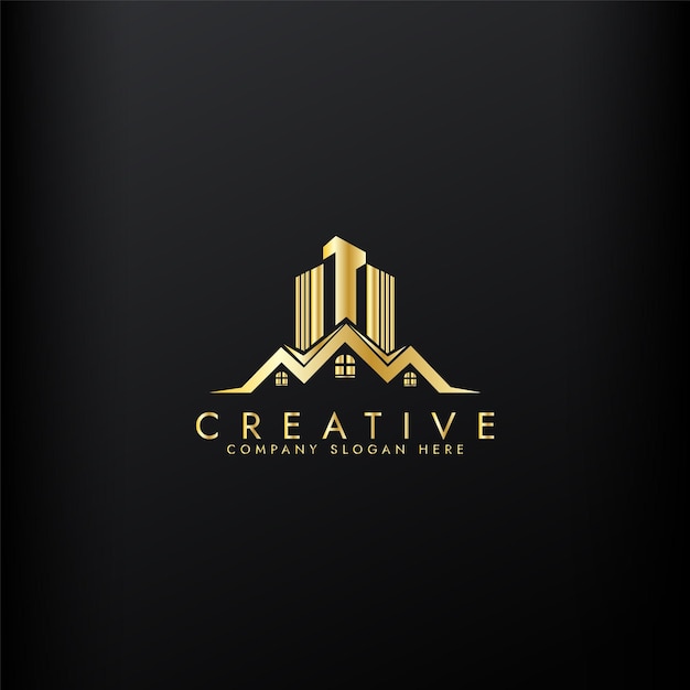 Propiedad negocio logotipo dorado torre modelo de logotipo de bienes raíces modelo de diseño de lujo vector elegante