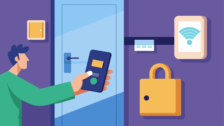 Vector el propietario de la cabaña puede desbloquear remotamente la puerta principal para los huéspedes a través de una cerradura inteligente que hace que el check-in