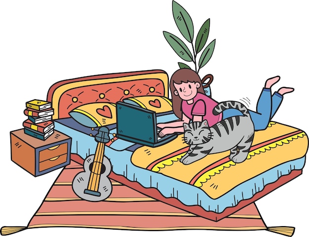 Propietario dibujado a mano trabajando en una computadora portátil con un gato en la ilustración de la oficina en estilo garabato