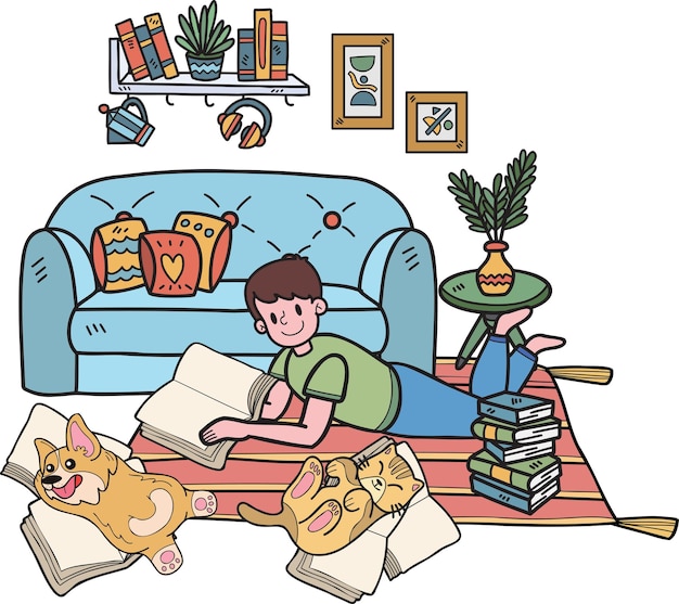 El propietario de hand drawn está tumbado en la habitación leyendo un libro con la ilustración del perro y el gato al estilo garabato