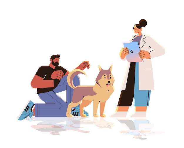 propietario de una mascota visitando a un médico veterinario revisando la medicina de la salud del perro examen de atención de la salud animal en el centro médico veterinario ilustración vectorial horizontal
