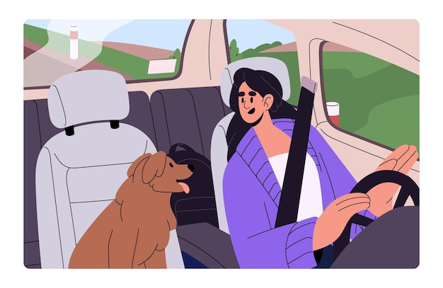 Propietario viaja con mascota en coche juntos Perro feliz sentado dentro del automóvil en el asiento del pasajero Conductor viaja con cinturón de seguridad Mujer conduce automóvil mirando al cachorro Viaje de vacaciones Ilustración de vector plano