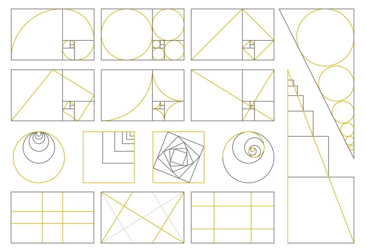 Vector proporción áurea, proporciones divinas, espiral de números áureos de fibonacci. conjunto de ilustración de vector de matriz de fibonacci de proporción áurea. signos de proporción de geometría sagrada