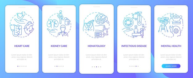 Proporcionar servicios médicos pantalla de aplicación móvil de incorporación de degradado azul Tutorial 5 pasos páginas de instrucciones gráficas con conceptos lineales UI UX Plantilla de GUI Myriad ProBold Fuentes regulares utilizadas