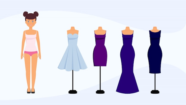 Vector propuestas de código de vestimenta para personajes de dibujos animados femeninos