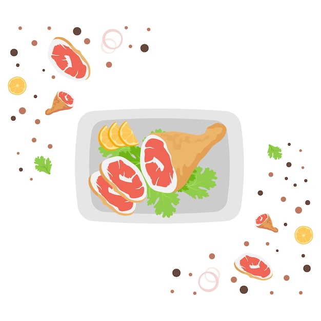 Prosciutto en plato con ingredientes y vector de temporada, jamón de Parma italiano con ilustración de hueso
