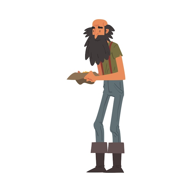 Vector prospector masculino con sombrero lleno de arena dorada y perlas minero de oro barbudo del oeste salvaje personaje con ropa vintage ilustración vectorial de estilo de dibujos animados
