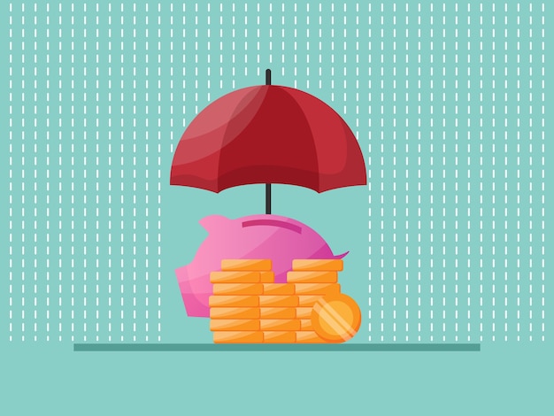 Protección de ahorro de dinero con ilustración de paraguas rojo plano