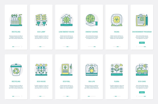 Protección ambiental de la energía ecológica UX UI de incorporación de la página de la aplicación móvil