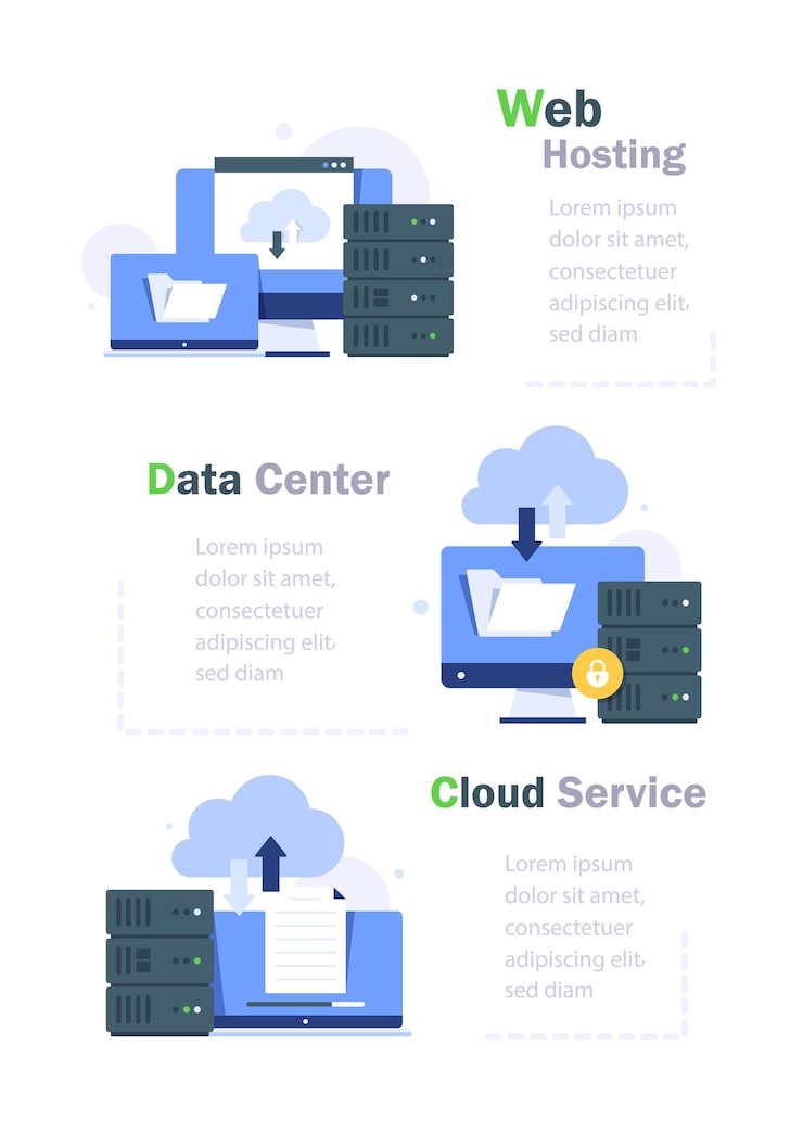Vector protección de la base de datos en la nube, centro de datos seguro, sitio web de la página de destino del almacenamiento en la nube