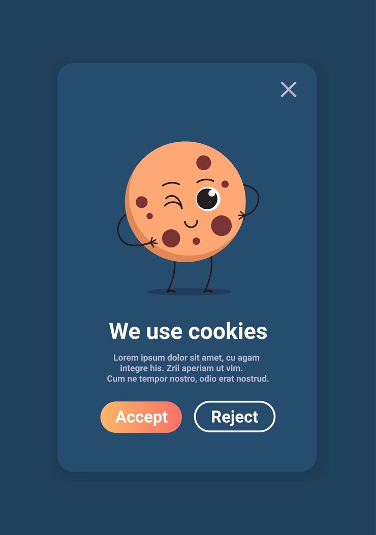 Vector protección del carácter de la mascota de la cookie de información personal con la ventana emergente de la web de internet, usamos la notificación de la política de cookies