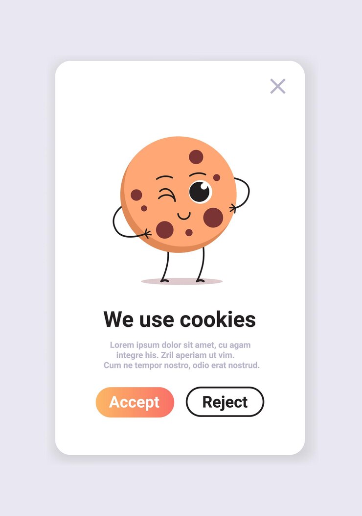 Vector protección del carácter de la mascota de la cookie de información personal con la ventana emergente de la web de internet utilizamos la ilustración del vector vertical del espacio de copia de notificación de la política de cookies