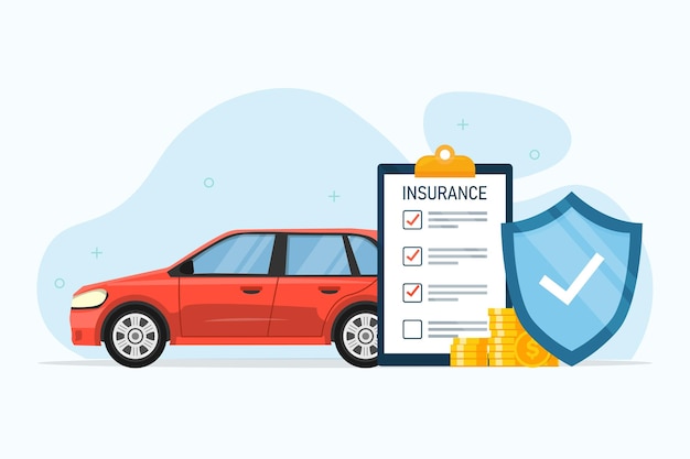 Vector protección comercial de seguros de automóviles con cheque en papel. concepto de servicio de coche y escudo.