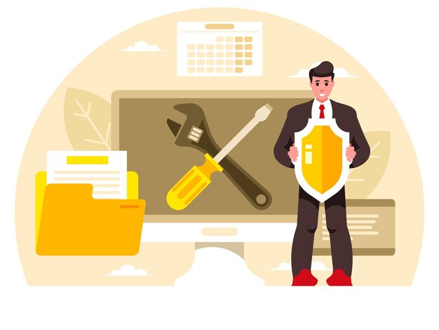 Protección de computadoras Hombre con escudo protector en sus manos Seguridad de datos personales Computadora