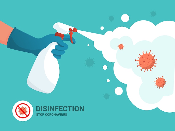 Vector protección contra el coronavirus. hombre en guantes tiene botella de spray antiséptico. el matraz antibacteriano mata las bacterias. concepto desinfectante. diseño plano. higiene del hogar e higiene personal. dejar de covid-19