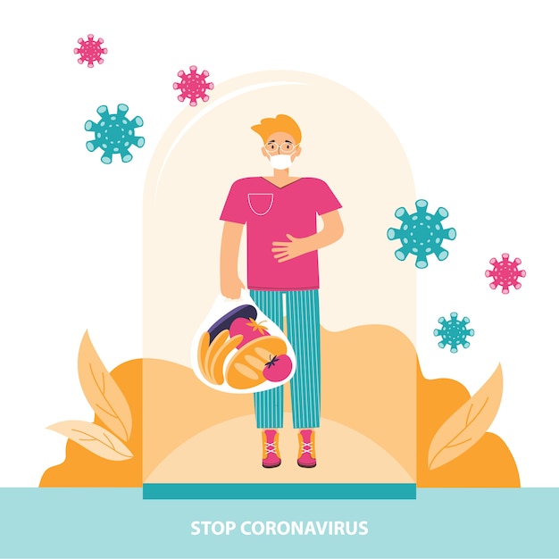 Protección contra coronavirus. joven con una máscara médica se encuentra debajo de una tapa de vidrio. distancia de seguridad social y protección personal contra virus durante una pandemia. detener el coronavirus. ilustración