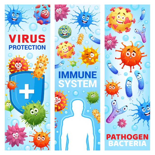 Protección contra virus, banners médicos del sistema inmunológico. virus, microbios y patógenos de dibujos animados vectoriales. escudo de protección contra virus y defensa de la salud, inmunología y vacuna contra bacterias e infección por gripe