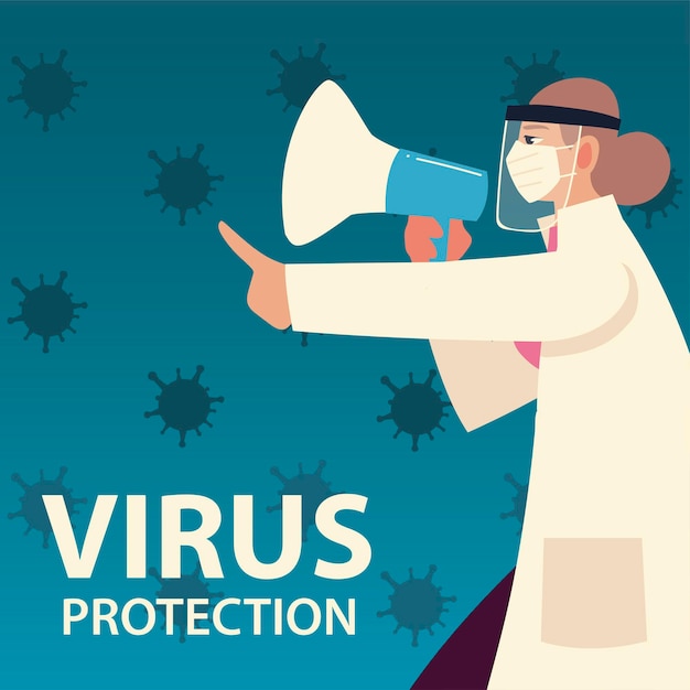 Protección contra el virus de Covid y doctora con máscara y megáfono y tema de coronavirus