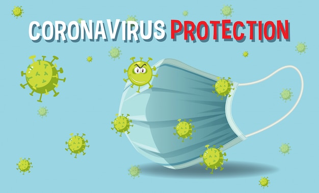 Protección de coronavirus con máscara y virus corona sobre fondo azul oscuro