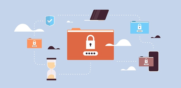 Protección de datos candado seguridad privacidad base de datos y contraseña de carpeta proteger concepto de mapa.