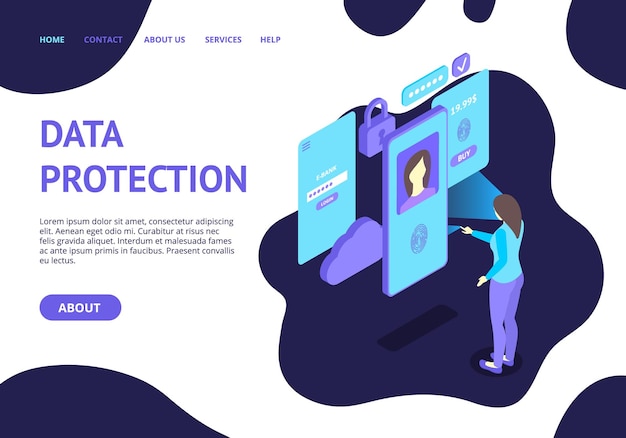 Protección de datos con concepto biométrico Vector de plantilla de página web de aterrizaje