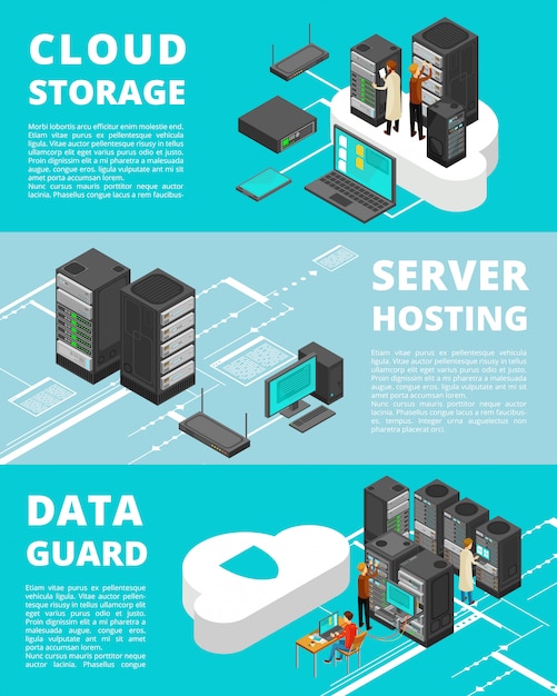 Protección de datos empresariales. equipos de red y telecomunicaciones. almacenamiento de base de datos del servidor, plantilla de banner de vector de centro de datos