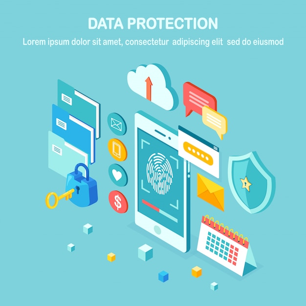 Protección de datos. escanee la huella digital al teléfono móvil. sistema de seguridad de identificación de teléfono inteligente. firma digital. tecnología de identificación biométrica, acceso personal. cerradura isométrica, llave, escudo.