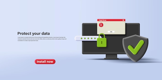 Protección de datos de ilustración conceptual vectorial 3D con computadora PC y contraseña con seguridad digital de bloqueo y protección