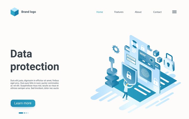 Vector protección de datos, página de destino isométrica, tecnología de internet para proteger la información.