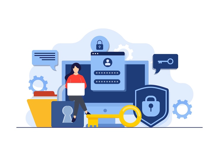 Vector protección de datos personales y cuentas acceso seguro con contraseña seguridad cibernética autenticación de inicio de sesión