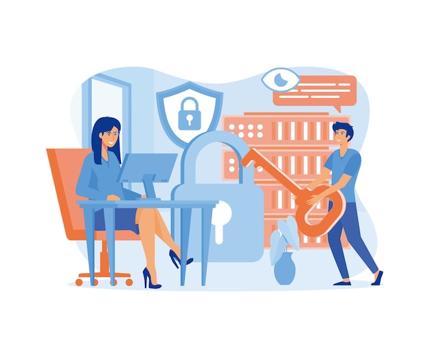 Protección de datos personas decoradas carácter para sitio web y desarrollo de sitios web móviles vector plano ilustración moderna