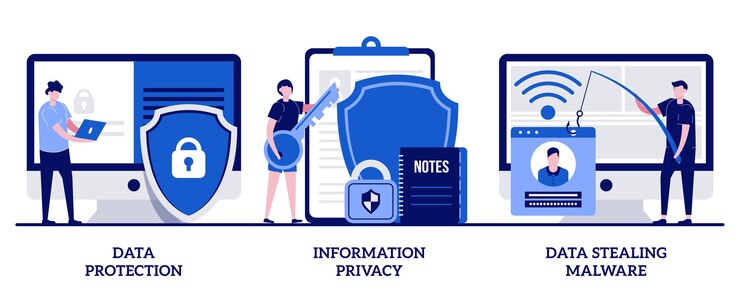 Vector protección de datos, privacidad de la información, concepto de malware de robo de datos con personas pequeñas. conjunto de software de seguridad de base de datos. ciberdelincuencia, piratería informática.