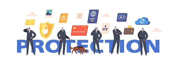 Protección de datos de privacidad en Internet El concepto de red privada virtual protege a los personajes con escudo y candado para perros