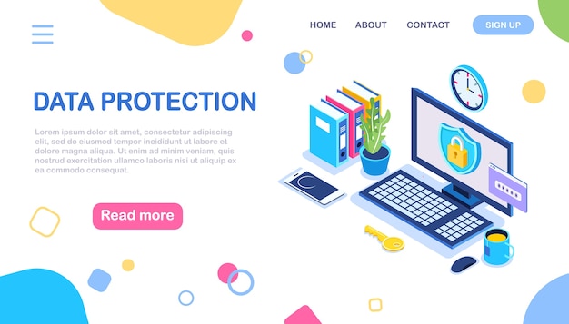 Protección de Datos. Seguridad en Internet, acceso privado con contraseña. Computadora isométrica, escudo, cerradura