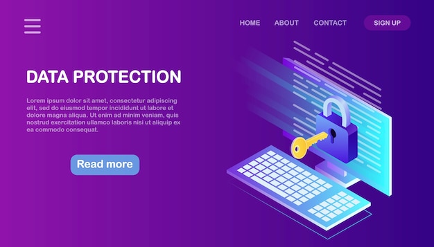 Protección de datos. seguridad en internet, acceso privado con contraseña. computadora isométrica, llave, cerradura